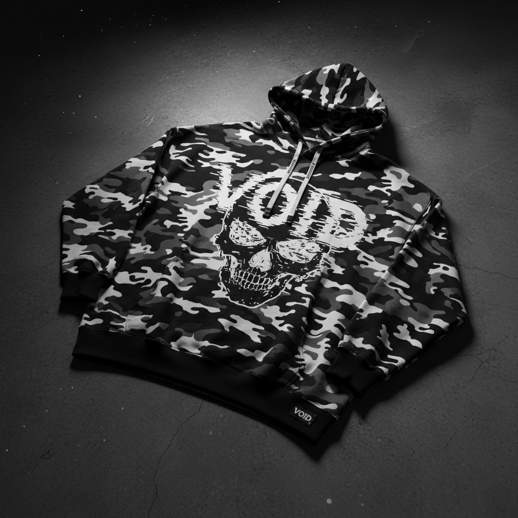 VOID Camo Hoodie – bold streetwear camo black and white