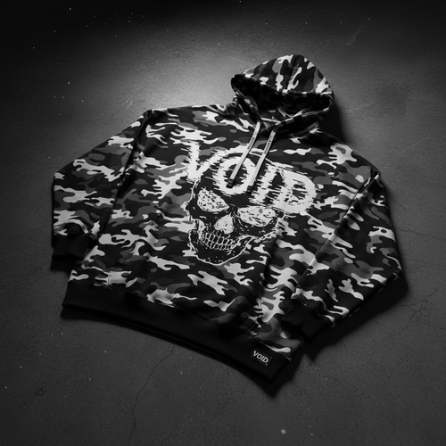 VOID Camo Hoodie – bold streetwear camo black and white